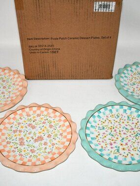 MacKenzie-Childs Posie Patch Ceramic Dessert Plates, Set of 4 #35514-2545 NWT  D